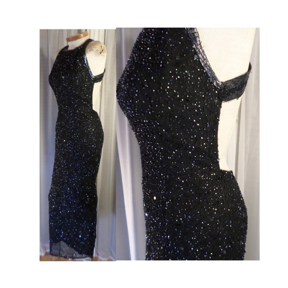 Long Black Silk M Formal Gown Dress Vintage Beaded - Picture 4 of 8